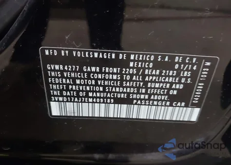 2014 Volkswagen Jetta 1.8T Se z USA, uszkodzony, nr VIN 3VWD17AJ7EM409189